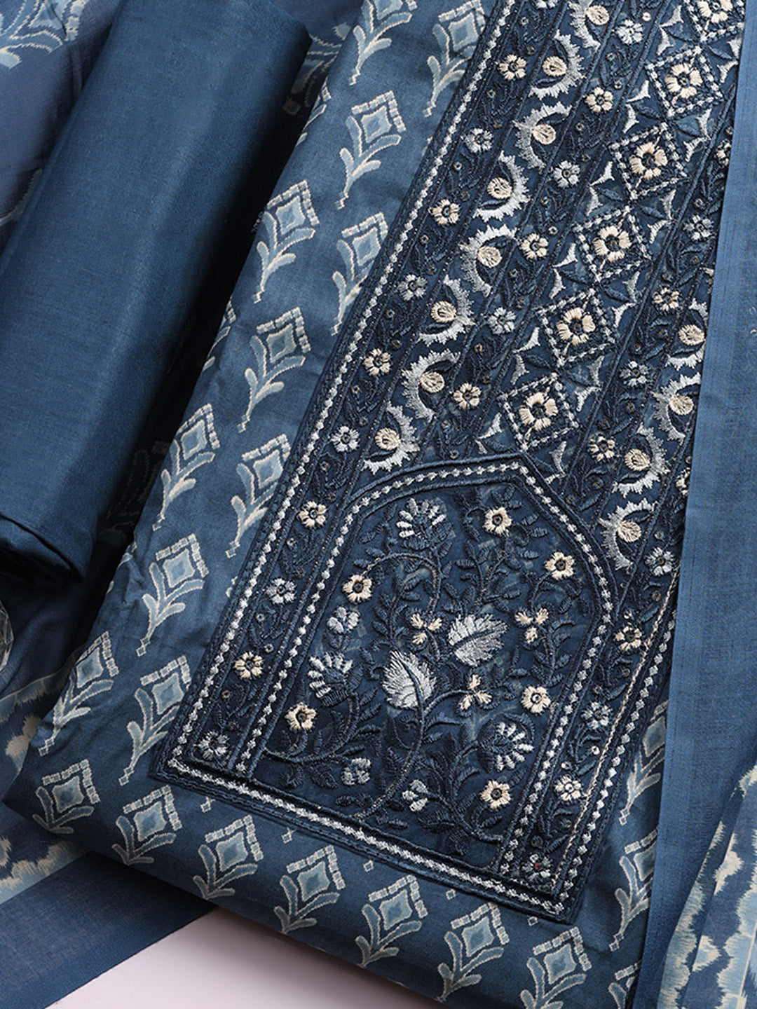 Printed Cotton Blend Unstitched Suit With Pant &amp; Dupatta