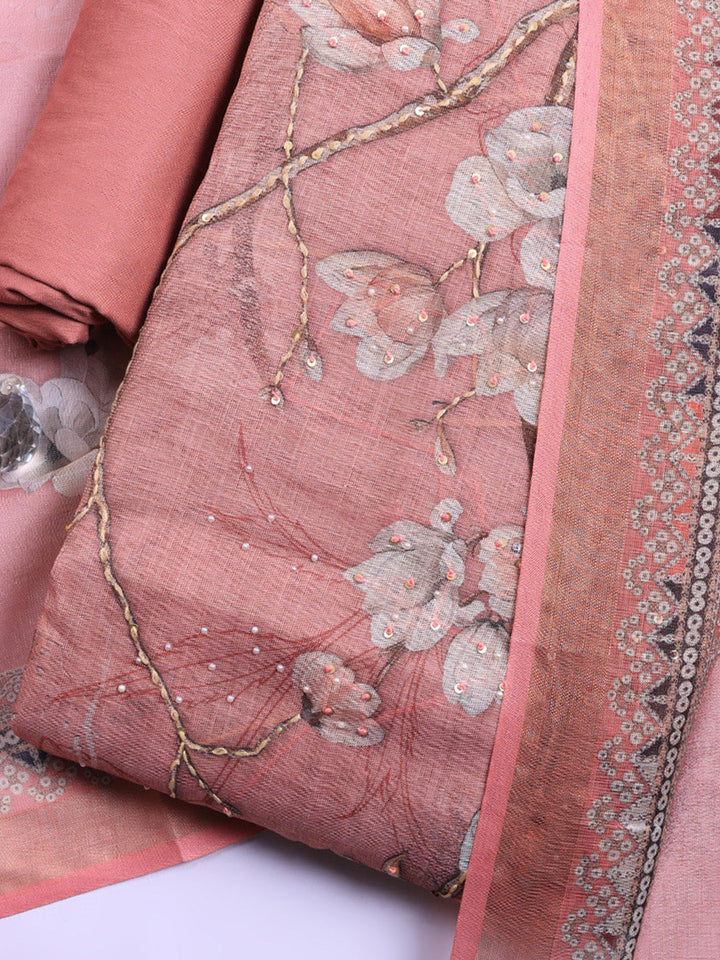 Printed Linen Blend Unstitched Suit With Pant &amp; Dupatta
