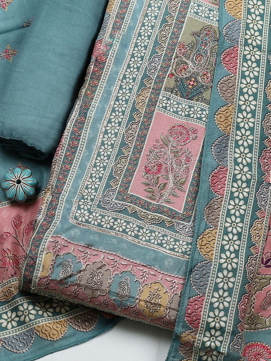 Embroidered Muslin Unstitched Suit With Pant &amp; Dupatta