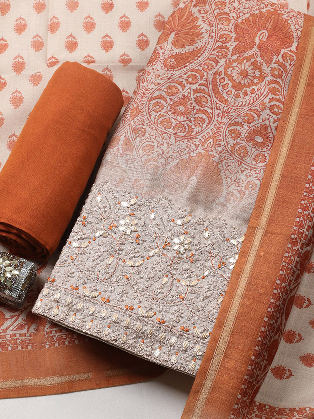 Printed Cotton Blend Unstitched Suit With Pant &amp; Dupatta