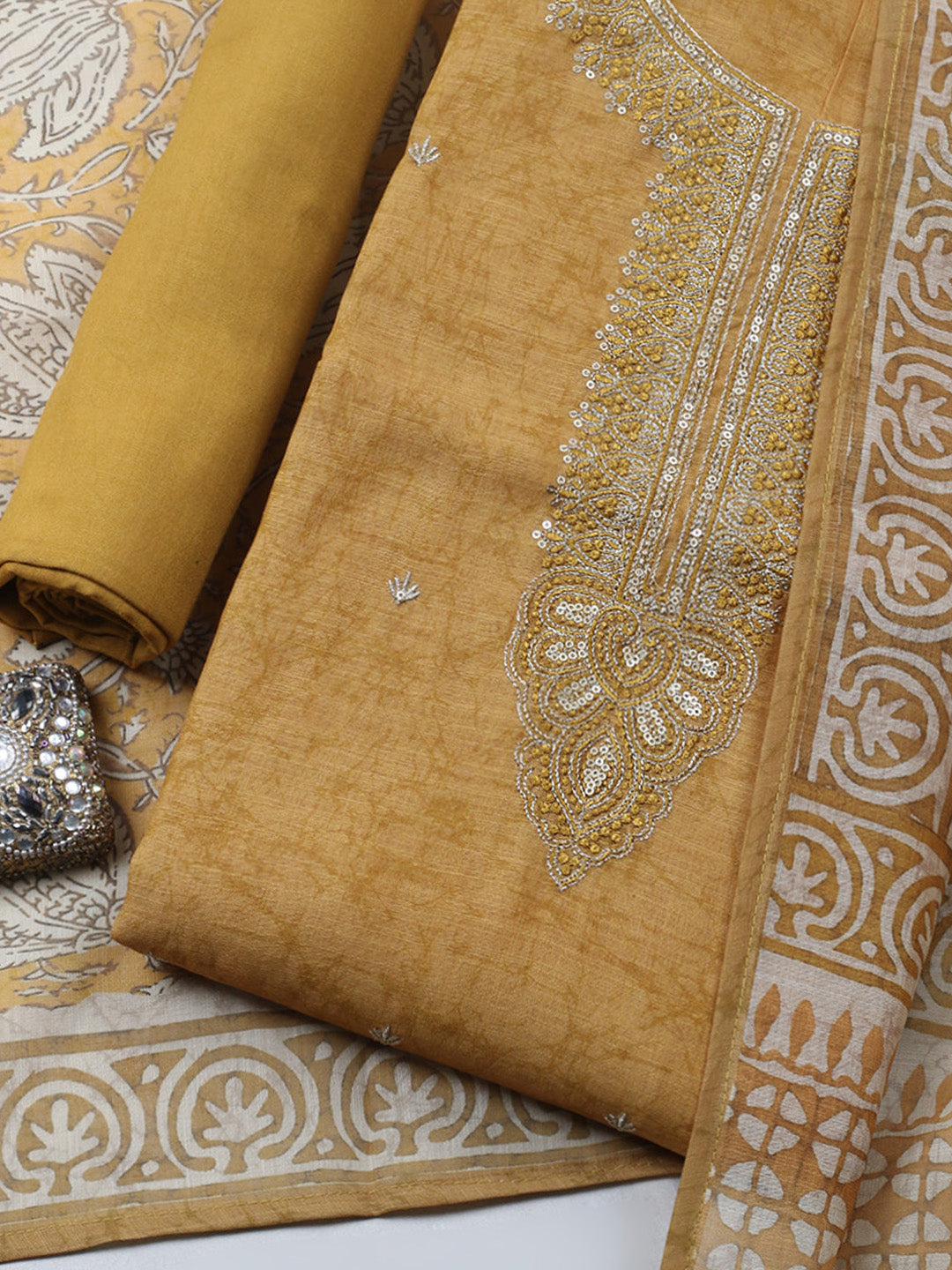Embroidered Chanderi Unstitched Suit With Pant &amp; Dupatta