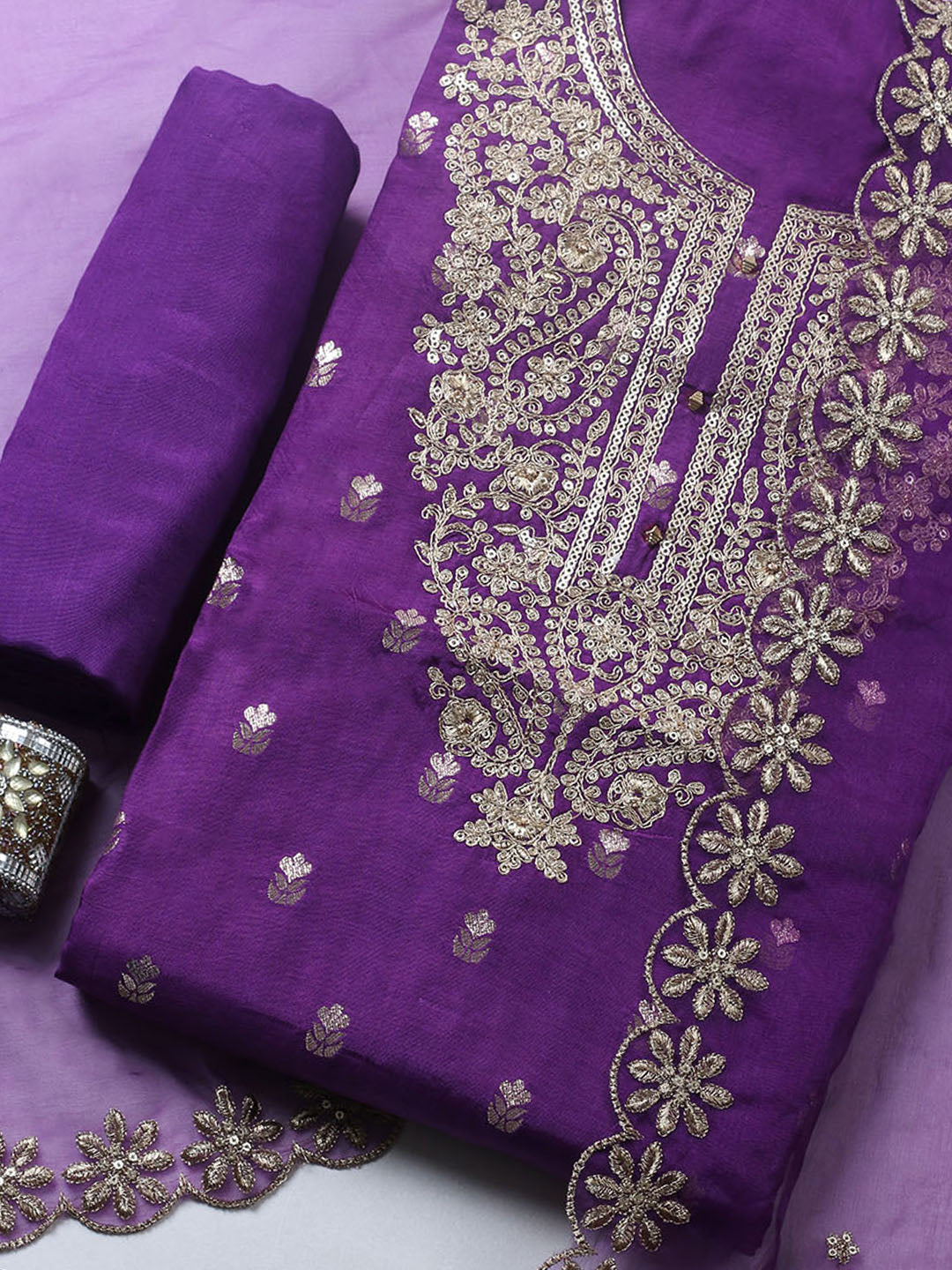 Embroidered Chanderi Unstitched Suit With Pant &amp; Dupatta