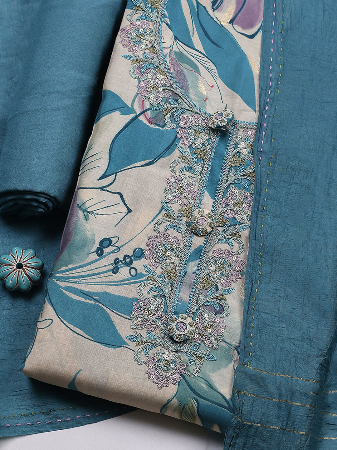 Embroidered Muslin Unstitched Suit With Pant &amp; Dupatta
