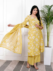 Printed Cotton Blend Kurta With Pants & Dupatta