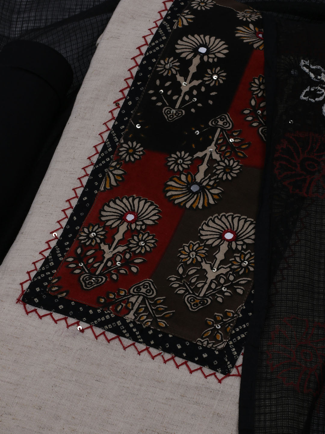 Patch Neck Cotton Blend Unstitched Suit With Dupatta