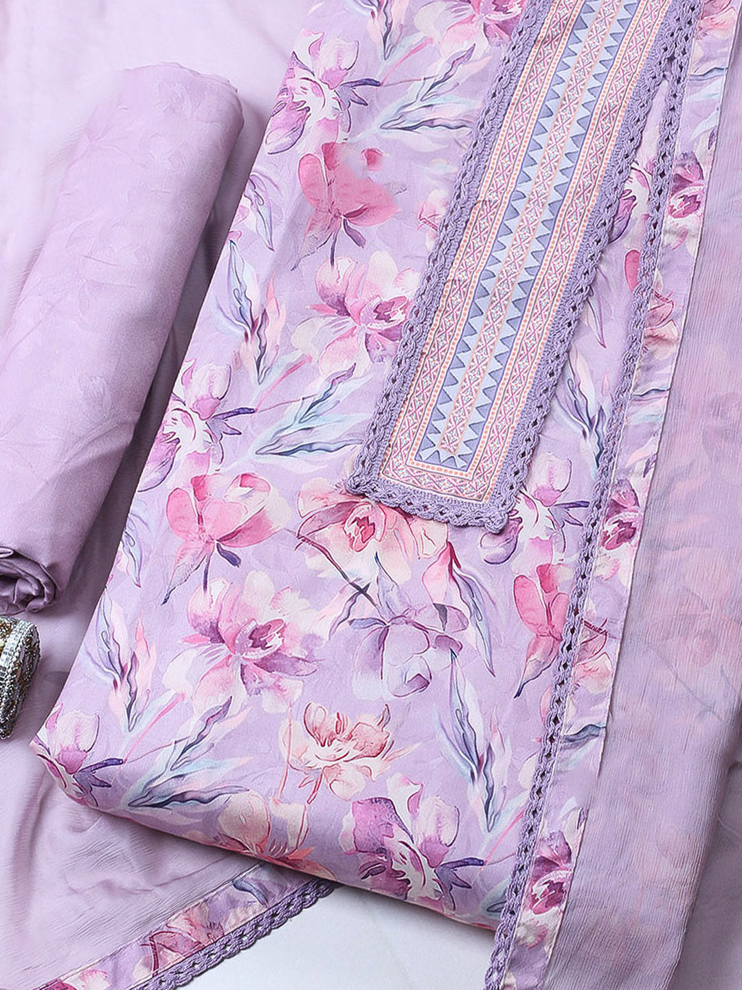 Embroidered Cotton Blend Unstitched Suit With Pant &amp; Dupatta