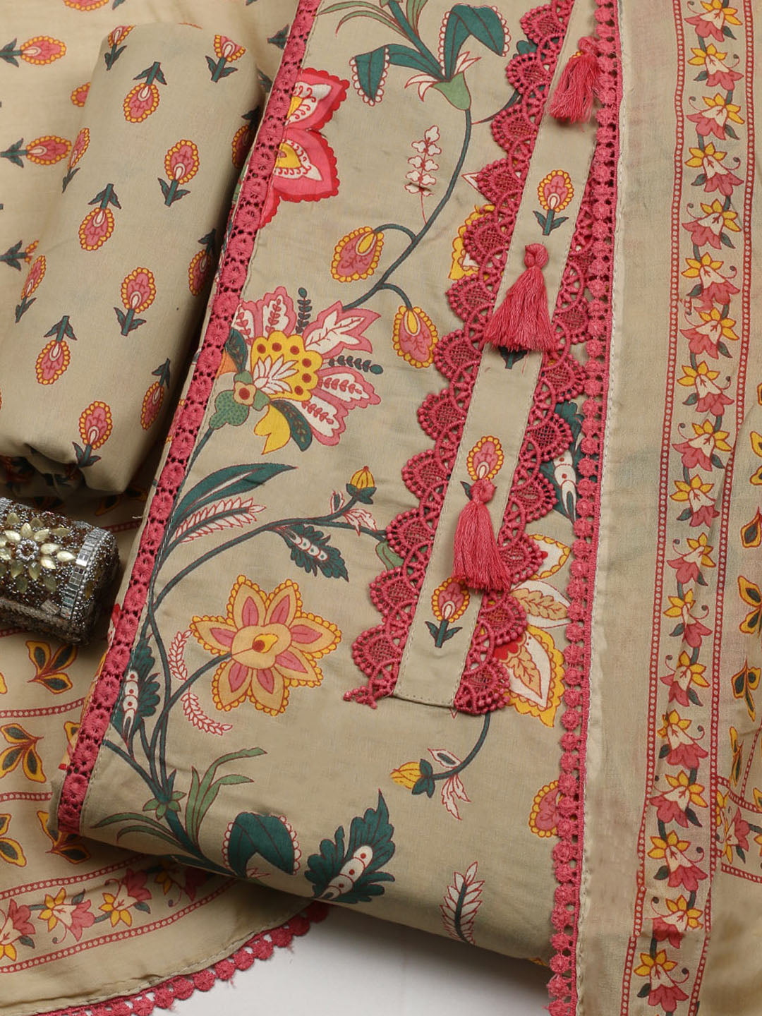 Embroidered Cotton Blend Unstitched Suit With Pant &amp; Dupatta