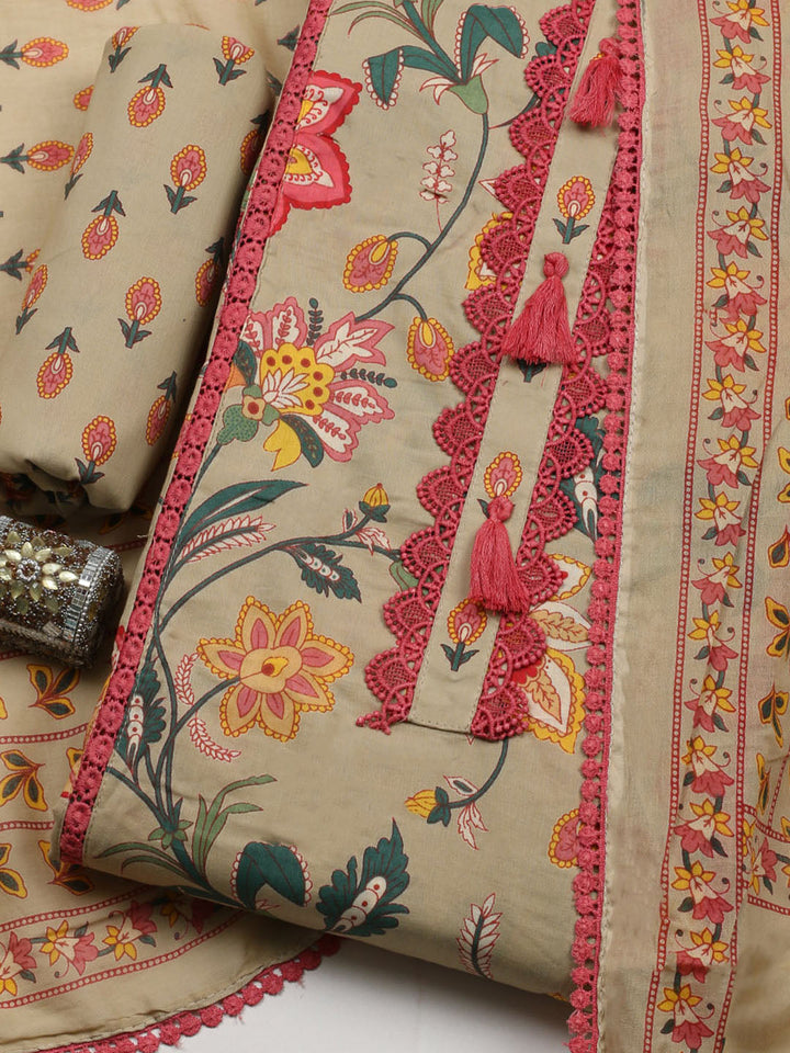 Embroidered Cotton Blend Unstitched Suit With Pant &amp; Dupatta