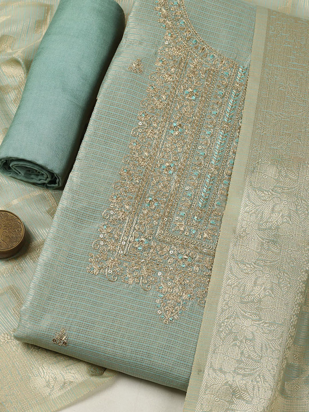 Embroidered Tissue Unstitched Suit With Pant &amp; Dupatta