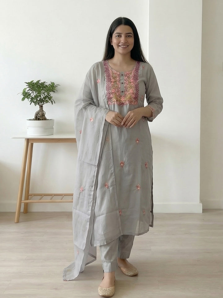 Grey Art Silk Printed Straight Suit Set
