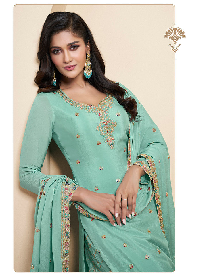 Embroidered Chinon Unstitched Suit With Pant &amp; Dupatta