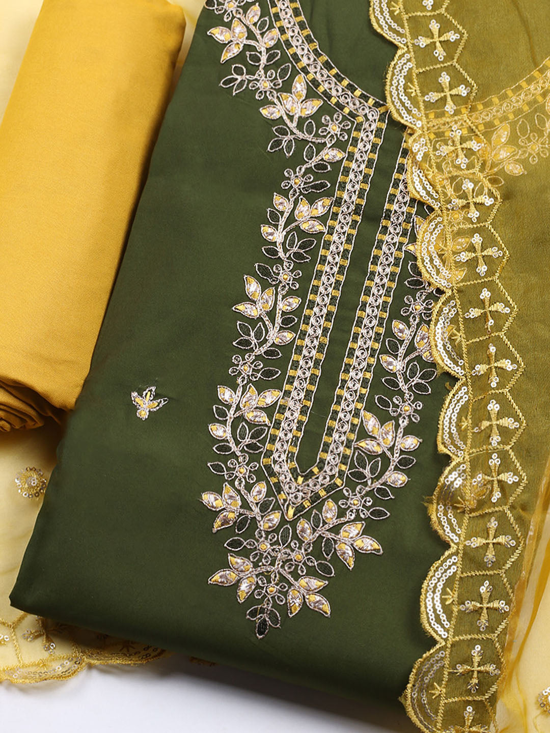 Neck Embroidered Chanderi Unstitched Suit With Dupatta