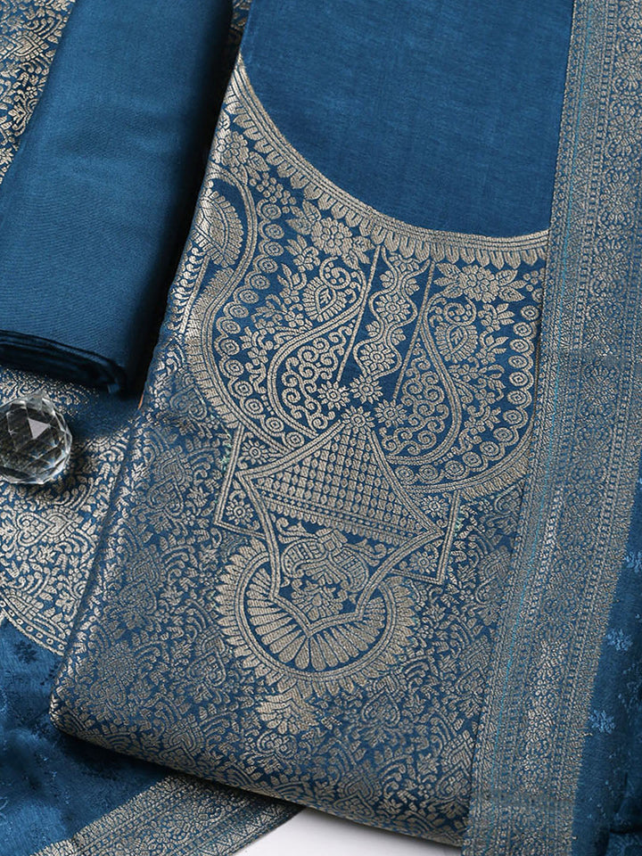 Embroidered Chanderi Unstitched Suit With Pant &amp; Dupatta