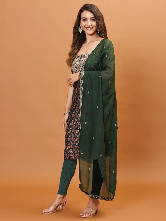 Neck Embroidery & Printed Chanderi Unstitched Suit With Dupatta