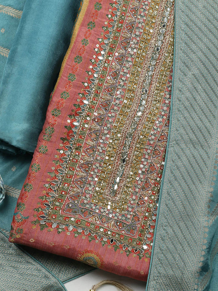 Embroidered Chanderi Unstitched Suit With Pant &amp; Dupatta