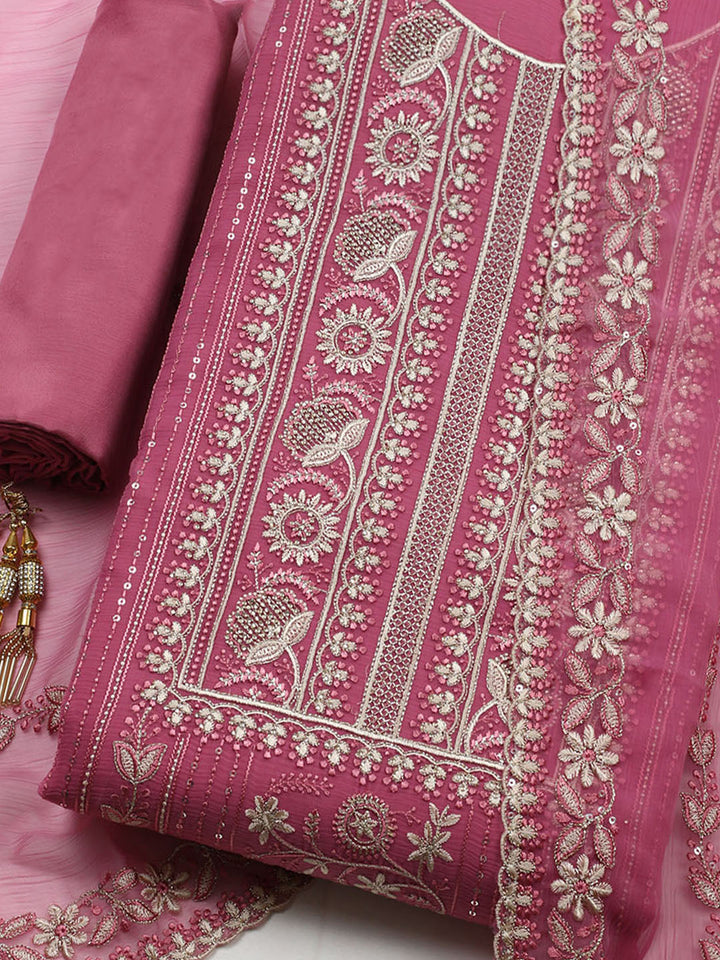 Embroidered Organza Unstitched Suit With Pant &amp; Dupatta