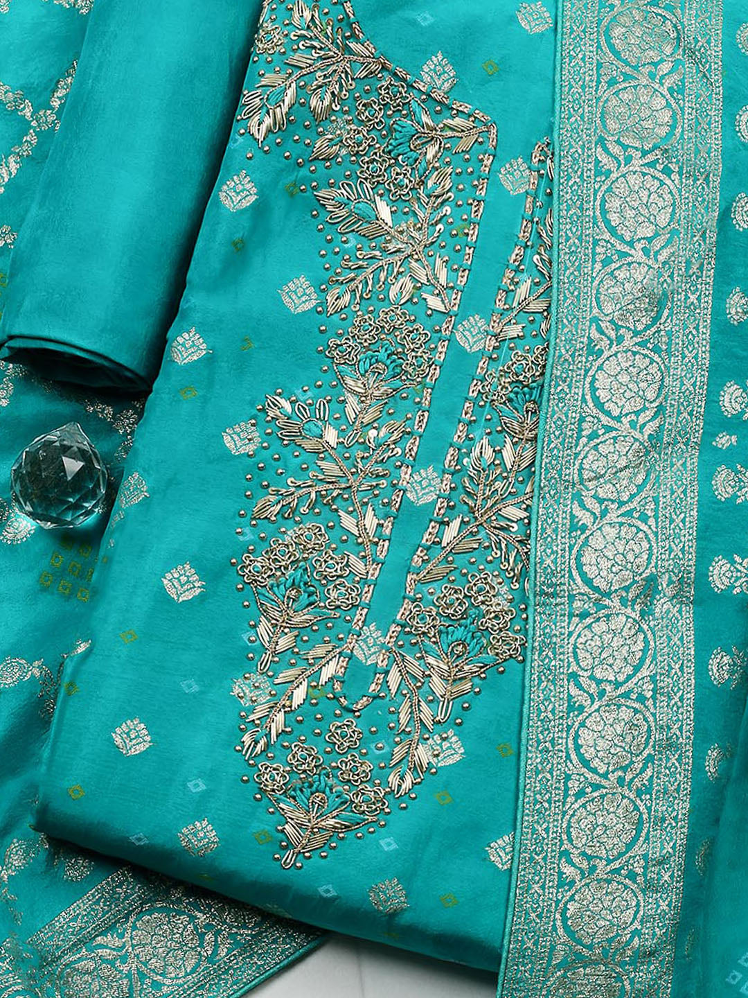 Embroidered Chanderi Unstitched Suit With Pant &amp; Dupatta