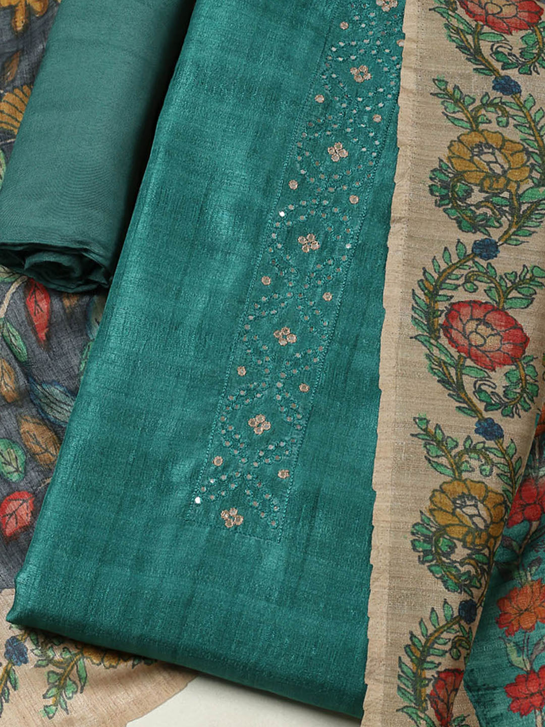 Embroidered Tussar Unstitched Suit With Pant &amp; Dupatta