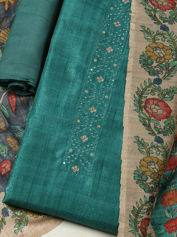 Embroidered Tussar Unstitched Suit With Pant &amp; Dupatta