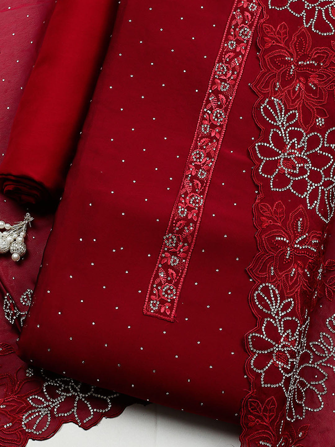 Embellished Art Silk Unstitched Suit With Pant &amp; Dupatta