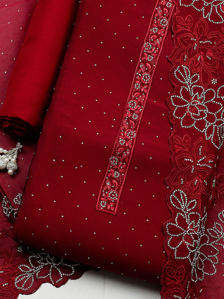 Embellished Art Silk Unstitched Suit With Pant &amp; Dupatta