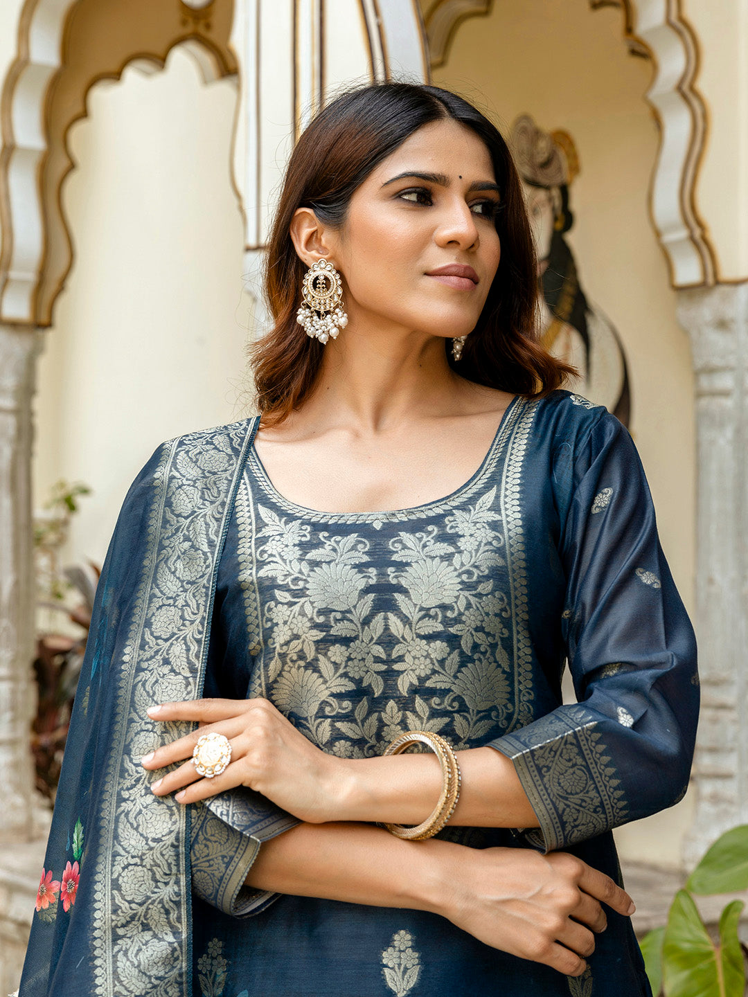 Embroidered Chanderi Kurta With Pant &amp; Dupatta