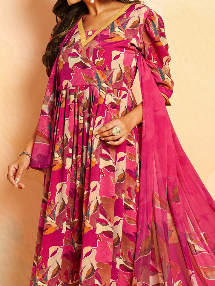 Printed Crepe Unstitched Suit With Pant &amp; Dupatta