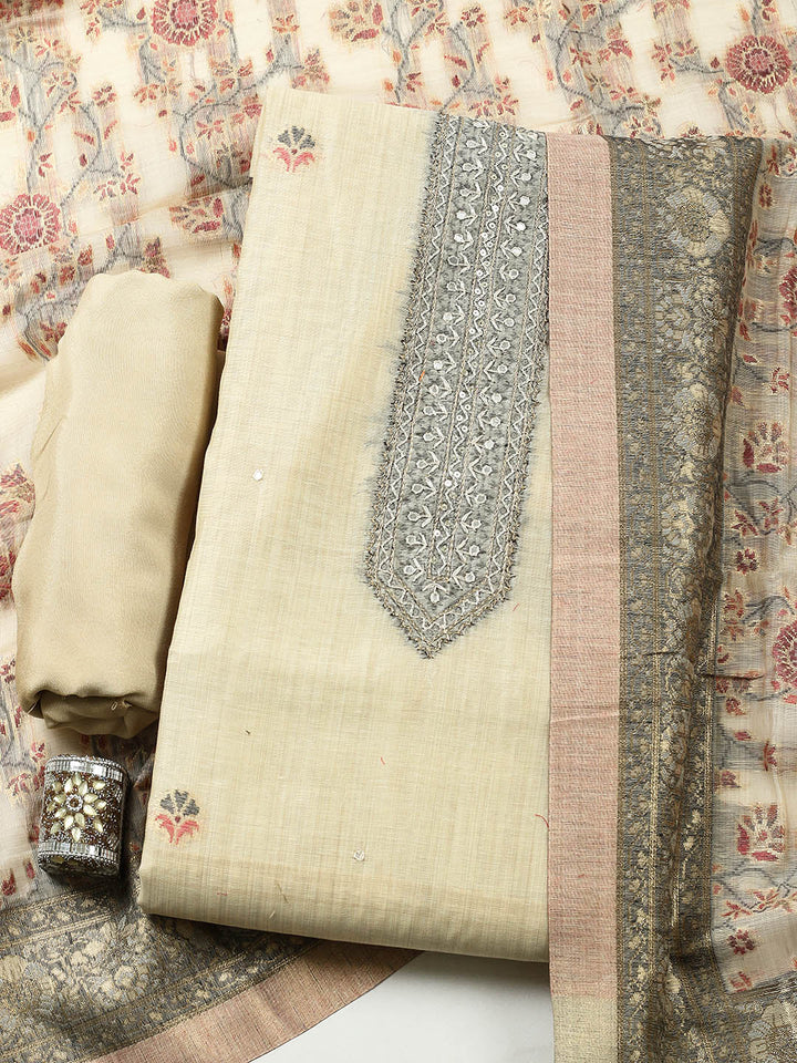 Embroidered Chanderi Unstitched Suit With Pant &amp; Dupatta