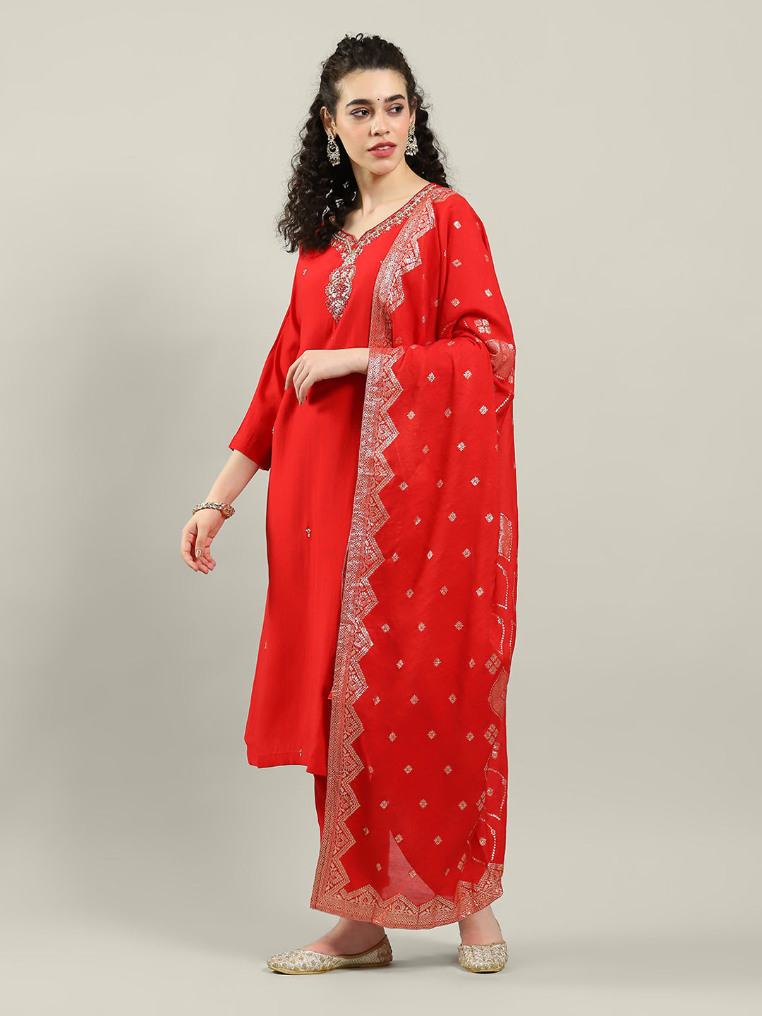 Printed Cotton Blend Kurta With Pants & Dupatta