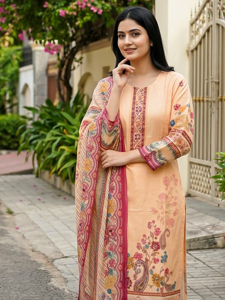 Orange Printed Cotton Blend Straight Suit Set With Dupatta