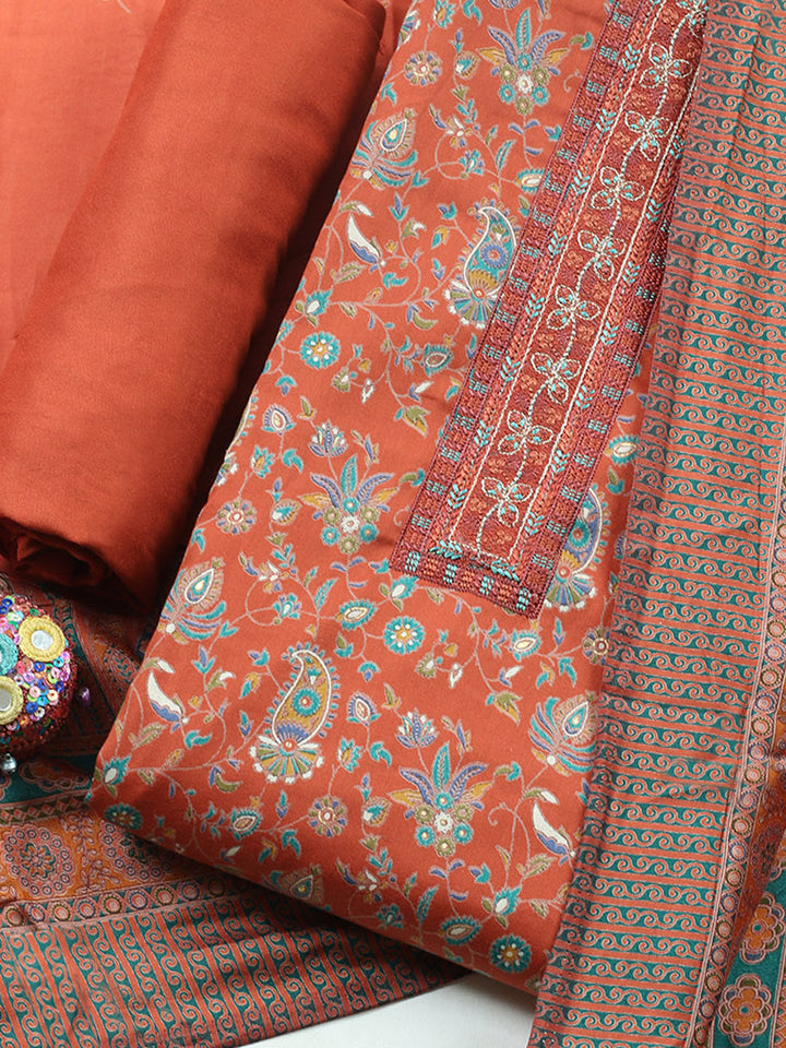 Printed Cotton Blend Unstitched Suit With Pant &amp; Dupatta