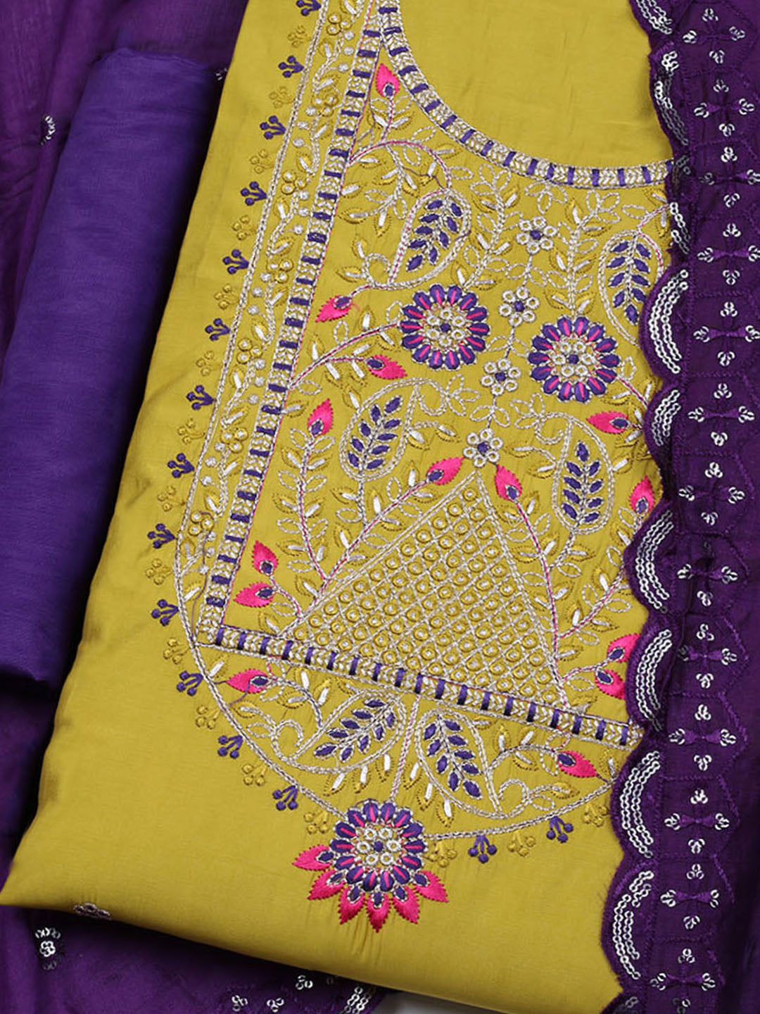 Embroidered Chanderi Unstitched Suit With Dupatta