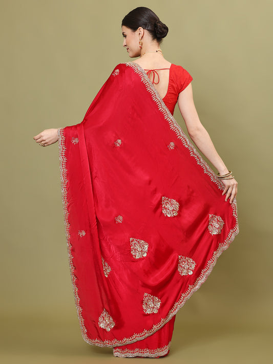 Hand Embroidery Chinon Saree