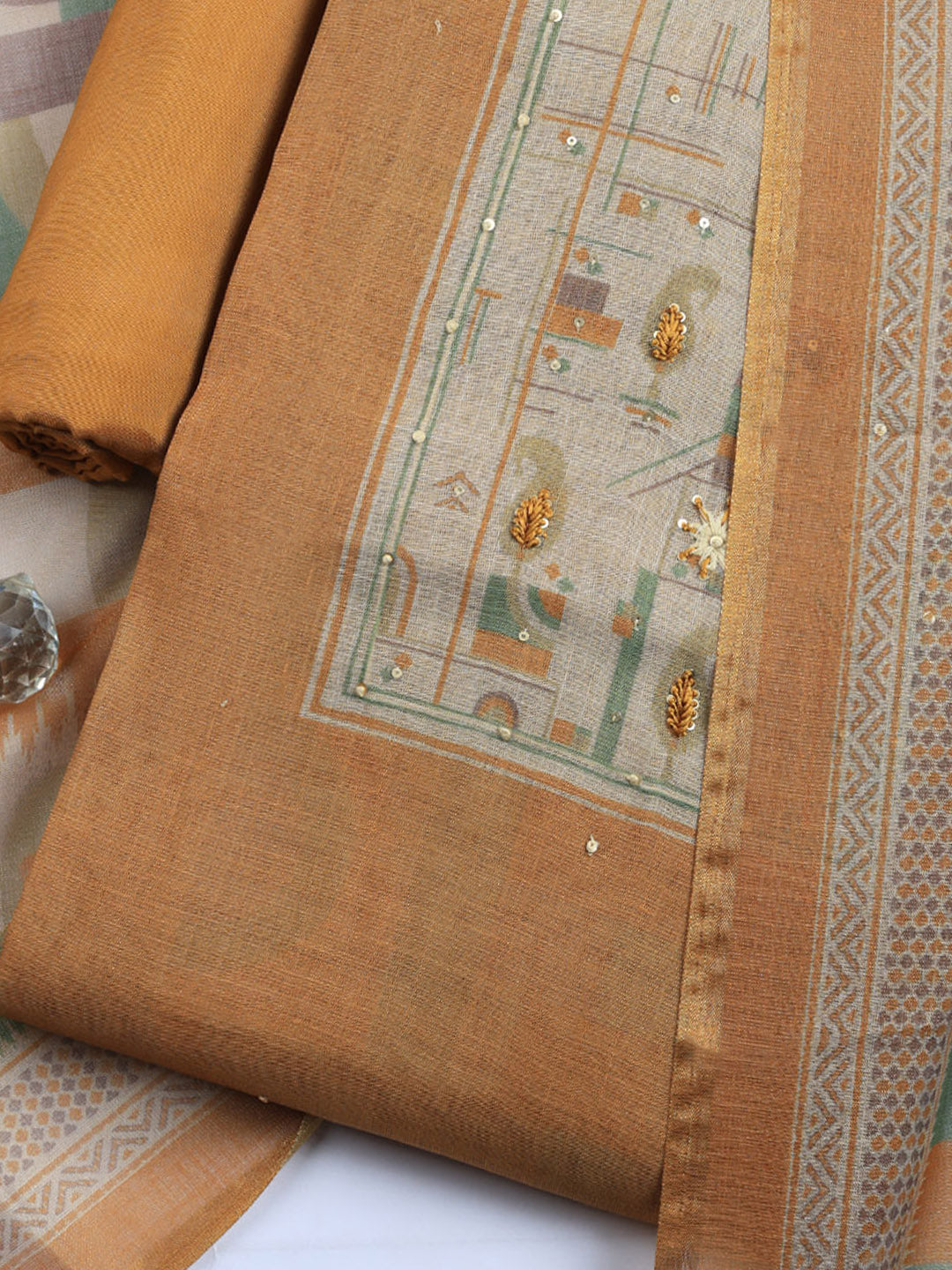 Printed Linen Blend Unstitched Suit With Pant &amp; Dupatta