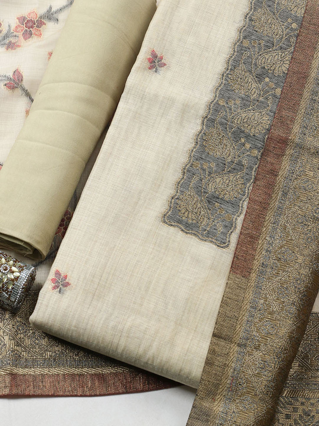 Woven Design Chanderi Unstitched Suit With Pant Dupatta