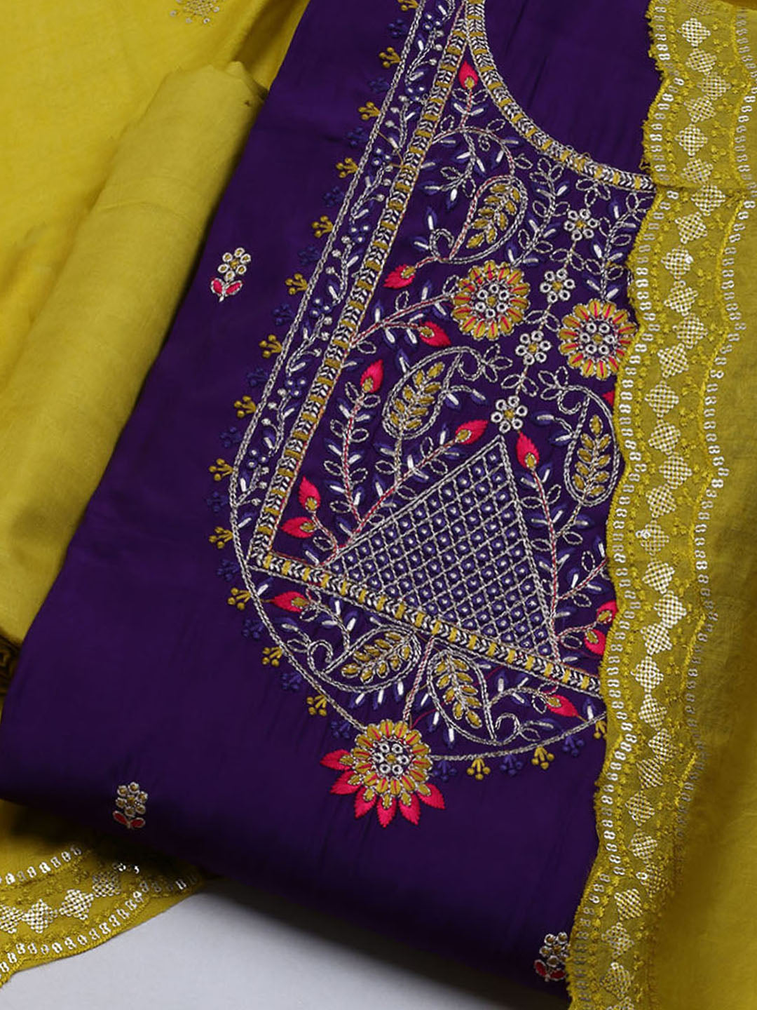 Embroidered Chanderi Unstitched Suit With Dupatta