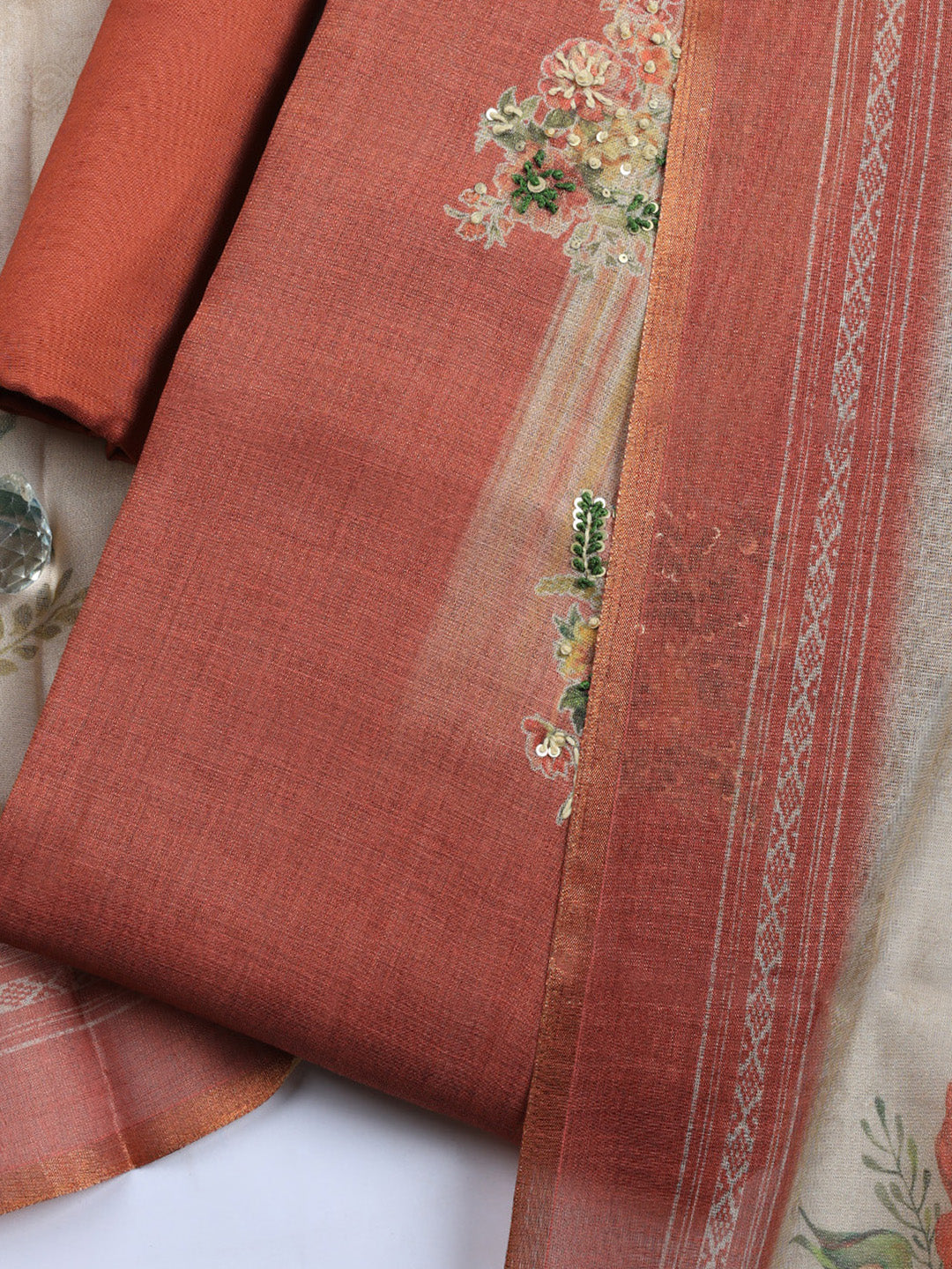Printed Linen Blend Unstitched Suit With Pant &amp; Dupatta