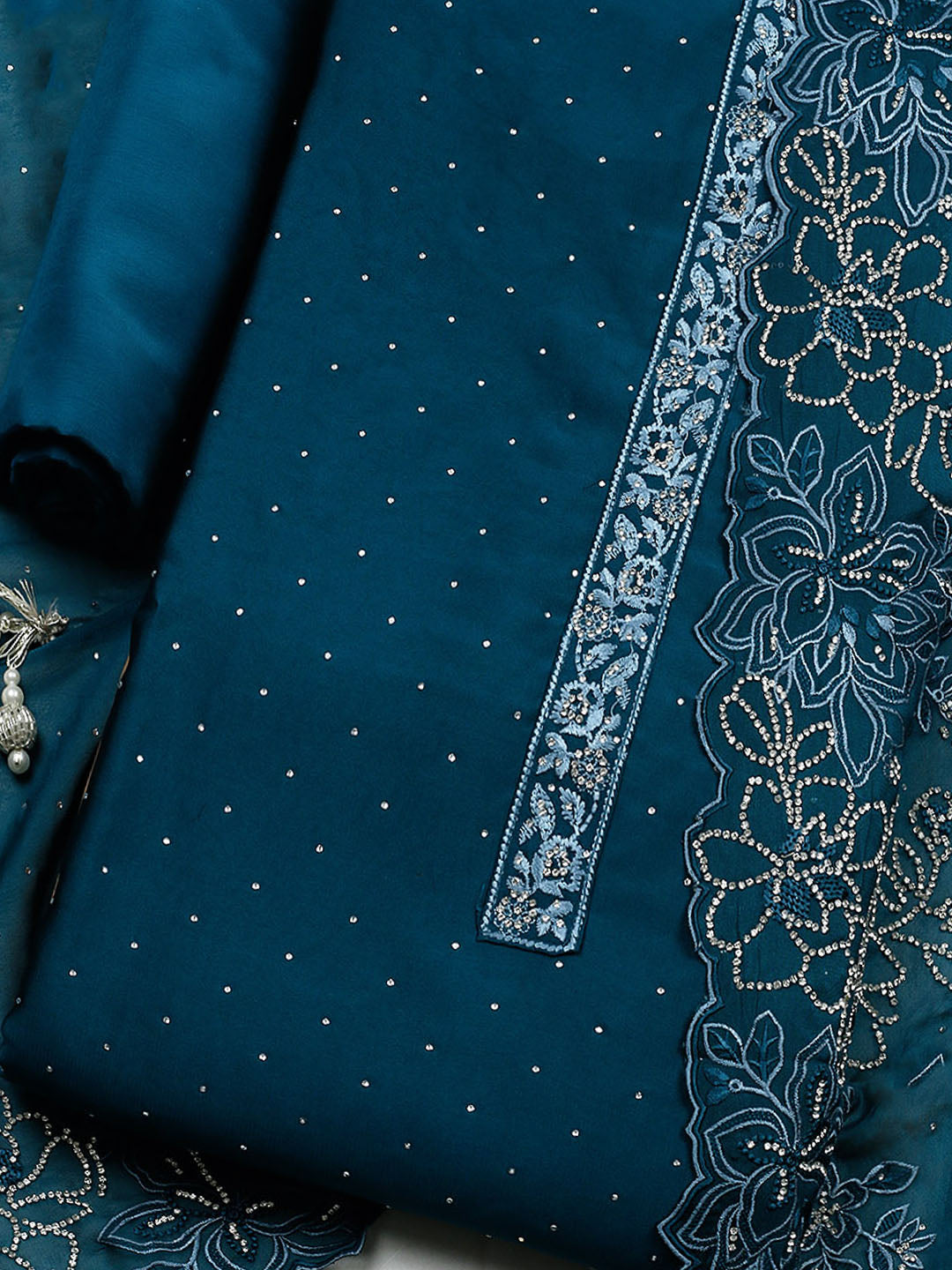 Embellished Art Silk Unstitched Suit With Pant &amp; Dupatta