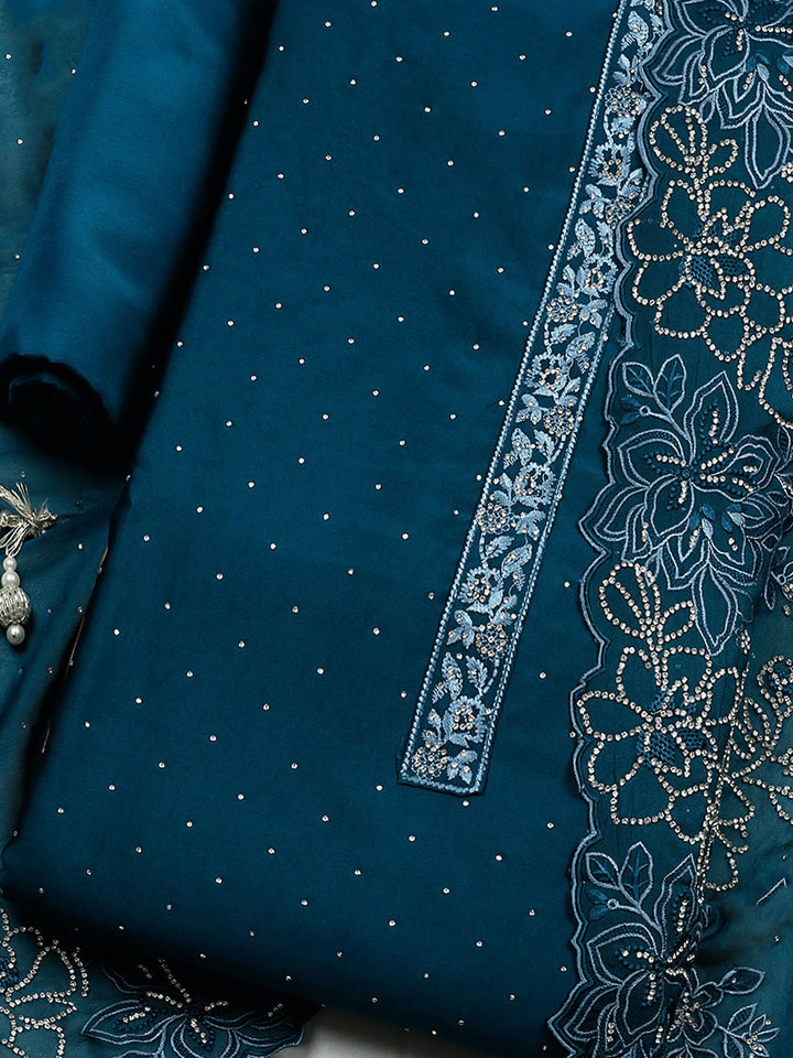 Embellished Art Silk Unstitched Suit With Pant &amp; Dupatta