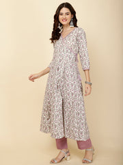 Floral Printed Cotton Anarkali Kurta With Pants