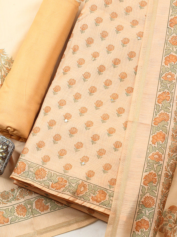 Printed Chanderi Unstitched Suit With Pant &amp; Dupatta