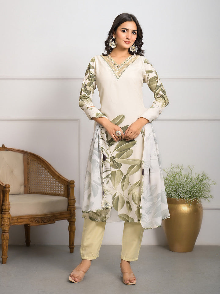 Neck Embroidered Crepe Kurta With Pants &amp; Dupatta