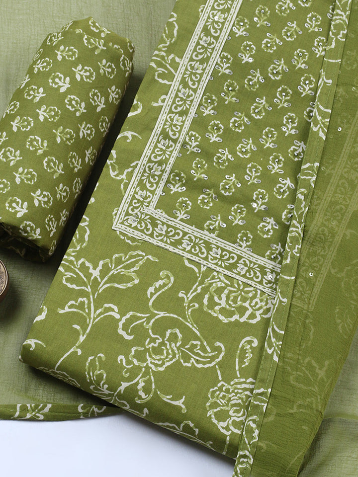 Embroidered Cotton Blend Unstitched Suit With Pant &amp; Dupatta