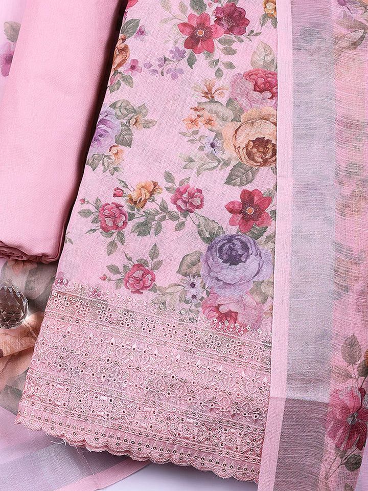 Embroidered Linen Blend Unstitched Suit With Pant &amp; Dupatta