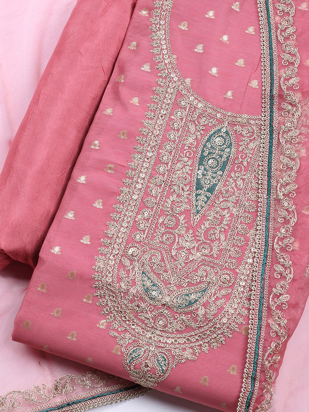 Neck Embroidered Chanderi Unstitched Suit With Dupatta