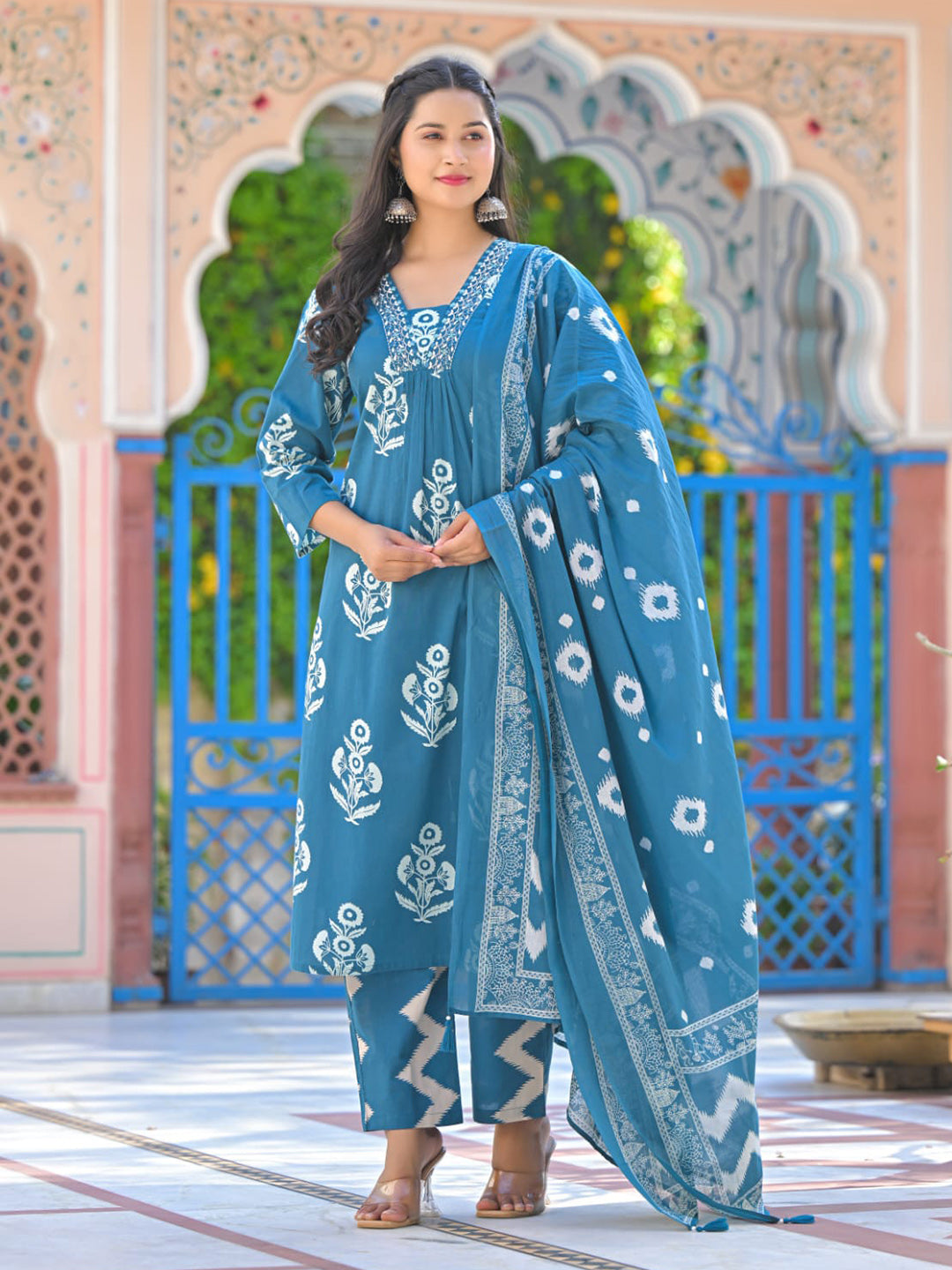 Floral Printed Cotton Kurta With Pants &amp; Dupatta
