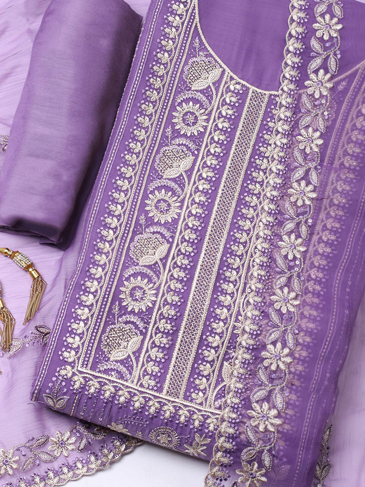 Embroidered Organza Unstitched Suit With Pant &amp; Dupatta