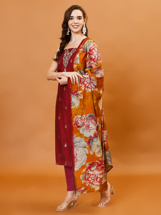 Neck Embroidered Chanderi Unstitched Suit Piece With Dupatta