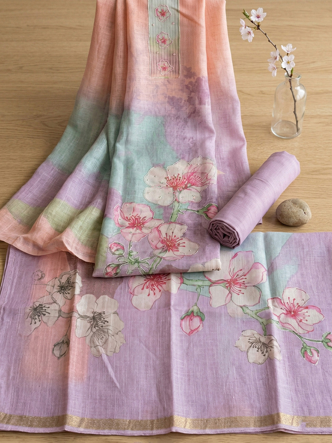 Embroidered Linen Blend Unstitched Suit With Pant &amp; Dupatta