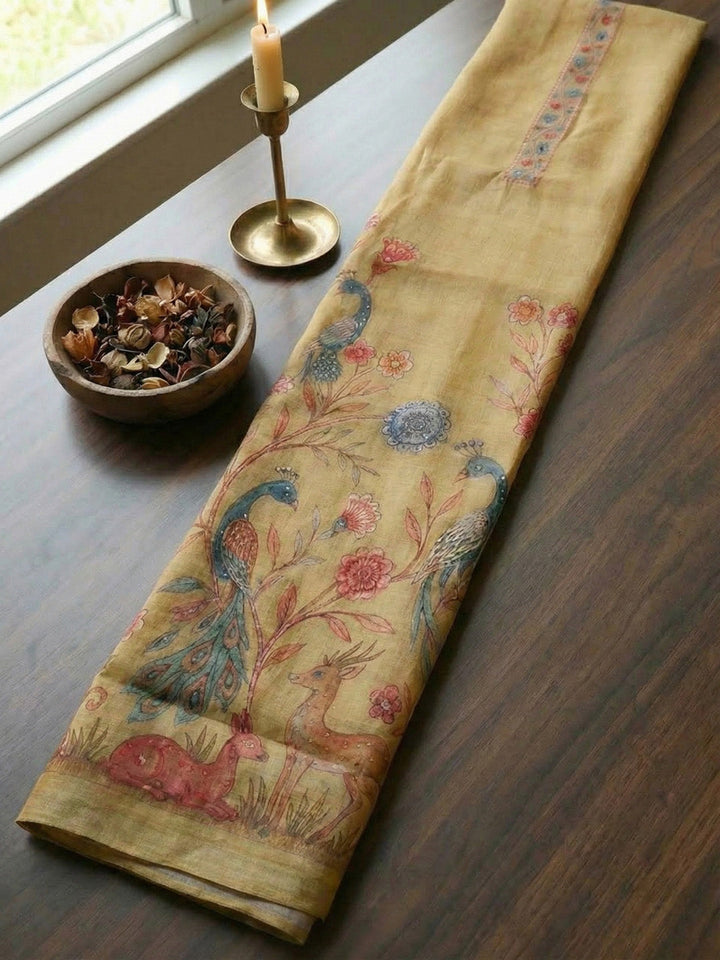 Printed Linen Blend Unstitched Suit With Pant &amp; Dupatta